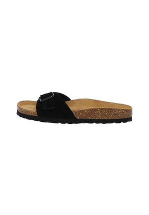 Black slide sandal with cork footbed, single adjustable strap, and black rubber sole shown from side on white background.