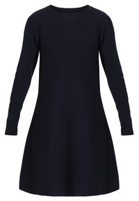 Granatowa sukienka z długim rękawem i okrągłym dekoltem. Dopasowana góra rozszerza się do rozkloszowanego dołu, wykonana z miękkiego, teksturowanego materiału.