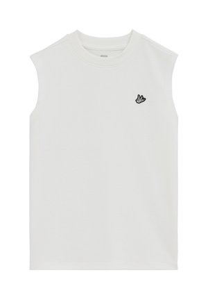 Maglia bianca senza maniche con scollo rotondo e piccolo logo di uccello nero ricamato sul petto sinistro.