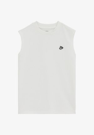 Biała koszulka bez rękawów z okrągłym dekoltem i małym czarnym haftowanym logo ptaka na lewej piersi.