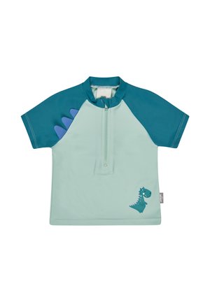 Kurzärmeliges Schwimmshirt für Kleinkinder mit Frontreißverschluss, türkisfarbenen Ärmeln, Dinosaurier-Stacheln auf der Schulter und kleinem Dinosaurier-Motiv auf der Vorderseite.