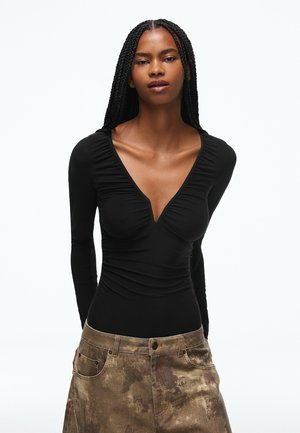 Bershka, V-NECK BODYSUIT - T-shirt à manches longues - black