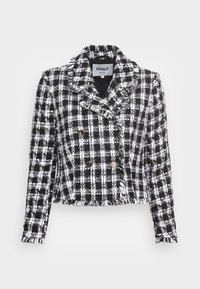 Svart och vit rutiga jacka, kort design, dubbelknäppt med två knappar i guldton, textiler med rynkade krage detaljer.