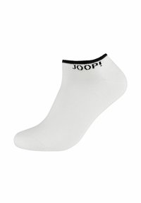 Calzino bianco alla caviglia realizzato in tessuto liscio, con una fascia elastica nera nella parte superiore che presenta il logo "JOOP!" in testo nero.