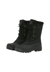 Černé zimní boty s texturovaným svrškem z semiše, kožešinovým lemováním a gumovou podrážkou. Nabízí šněrovací design a kovové očky pro pevné uchycení.