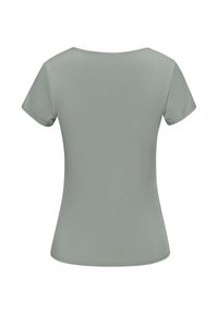 T-shirt s krátkym rukávom, priliehavý strih, v jemnej šalviovej zelenej farbe. Hladká tkanina s okrúhlym výstrihom a čistým lemovaním v oblasti pása.