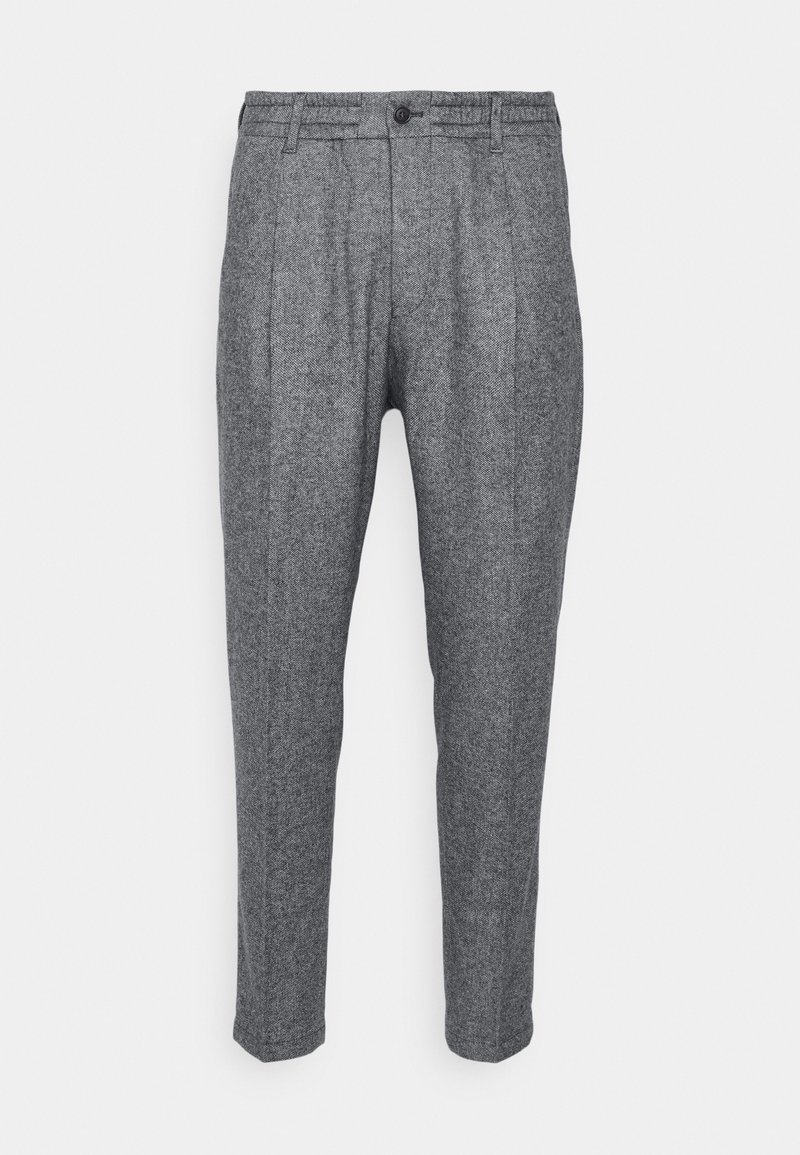 Pantalons gris à motif pied-de-poule avec une coupe slim, dotés d'une fermeture à bouton et d'une taille élastique. Devant plat avec deux plis.