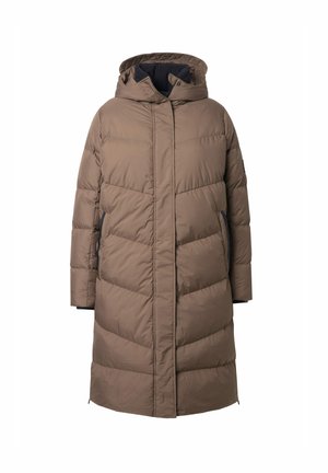 Braune Puffjacke mit Kapuze, mit gesteppten Bereichen, Seitentaschen und geradem Schnitt. Glatte Textur mit matter Oberfläche.