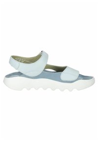 Sandales bleu clair avec deux sangles réglables, un matériau supérieur doux, une semelle blanche rembourrée avec un motif en vagues et un design à dos ouvert.