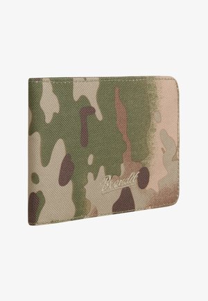 Portofel de camuflaj realizat dintr-o țesătură durabilă, având un model de verde, maro și bej, cu o branding subtil în partea frontală.