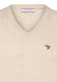 Beige V-kaelusega sviiter, mis on valmistatud pehmest kangast, sisaldab vasakul rinnal väikest pruunist linnu logo. Sile tekstuur koos ribakraega.