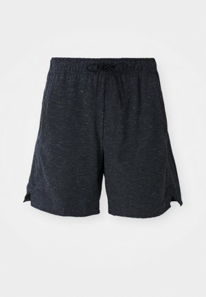 Black shorts made of lightweight material, featuring an elastic waistband with a drawstring, side slits, and a textured finish.