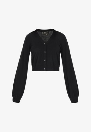 Cardigan corto negro hecho de una tela suave, con escote en V, mangas largas y seis botones frontales, de textura lisa.