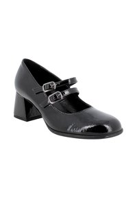 Scarpe Mary Jane in vernice nera con due cinturini a fibbia, punta tonda e tacco a blocco spesso, caratterizzate da una finitura lucida.