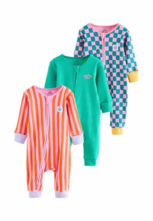 Drei bunte gerippte Baby-Body mit langen Ärmeln und Reißverschlüssen, mit Streifen, karierten Mustern und kleinen Applikationen mit lächelnden Gesichtern.