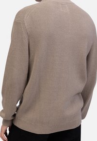 Maglione lavorato a maglia beige con un motivo testurizzato, polsini e orlo a costine. Il retro è unito con scollatura a girocollo. Design semplice e classico.