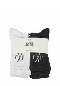 Cotton-rich 20-pack of socks in black and white, featuring ribbed texture and logo accents. One size fits most.