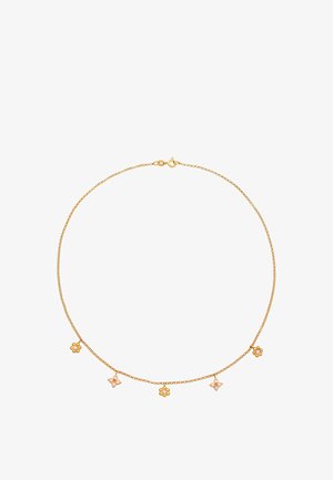 Goldkette mit fünf kleinen blumenförmigen Akzenten und rosa Emaille-Applikationen. Die Kette hat eine feine Textur und einen Karabinerverschluss.