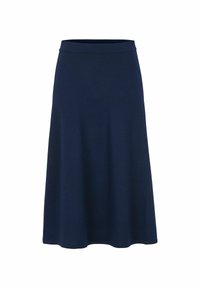 Laivastonsininen kellohame, valmistettu pehmeästä puuvillasekoitekankaasta. Siinä on sileä vyötärönauha ja polvenpituinen leikkaus, jossa on lempeä laskos.