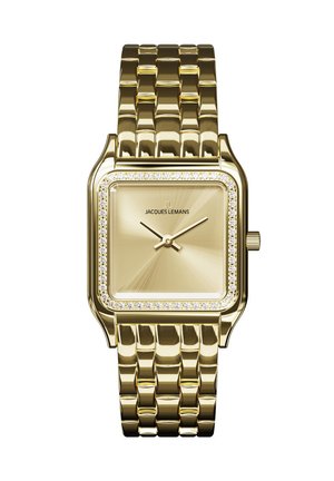 Goldene quadratische Armbanduhr mit juwelenbesetzter Lünette, goldenem Zifferblatt, drei Zeigern und verbundenem Metallarmband von Jacques Lemans.