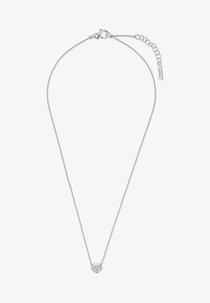 Collana d'argento con pendente a forma di cuore incastonato di pietre trasparenti, lunghezza regolabile con gancio a moschettone e catena di estensione.