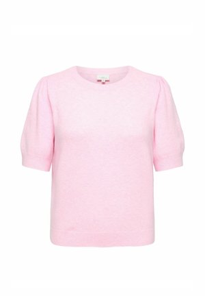 Světle růžový pletený svetřík s krátkými rukávy, nafouklými rukávy a kulatým výstřihem, zobrazený na bílém pozadí.