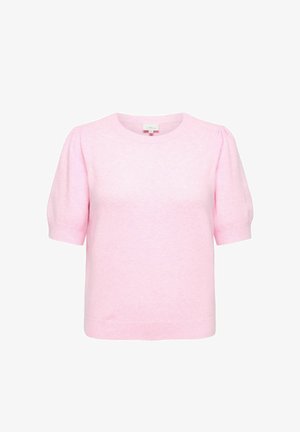 Vaaleanpunainen lyhythihainen neulepaita, jossa on puffihihat ja pyöreä pääntie, esillä valkoisella taustalla.