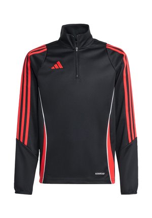 Haut athlétique noir à zip quart avec trois rayures rouges le long de chaque manche, accents blancs et logo "AEROREADY" en bas. Texture lisse.