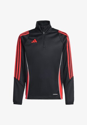 Schwarzes sportliches Viertel-Reißverschlussoberteil mit drei roten Streifen entlang jedes Ärmels, weißen Akzenten und "AEROREADY"-Logo am Saum. Geschmeidige Oberfläche.