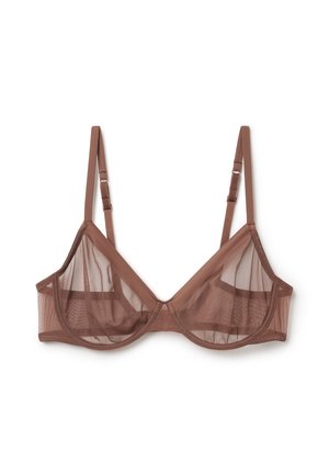 Reggiseno marrone trasparente in rete con ferretto, spalline sottili regolabili e scollo a V profondo, mostrato disteso su uno sfondo bianco.