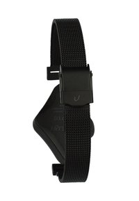 Sorte mesh rem med en struktureret overflade og en sort metalspænde med en glat overflade, designet til en sikker pasform.