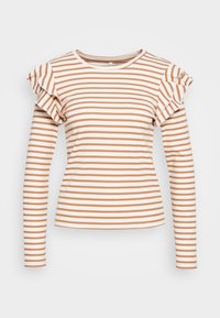 Gestreiftes Langarmshirt mit gerüschten Kurzärmeln. Hergestellt aus geripptem Stoff, mit orangefarbenen und cremefarbenen horizontalen Streifen.