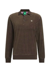 Brown long-sleeve polo shirt with vertical pink stripes, a folded collar, three buttons, and a green logo on the chest. Soft texture.