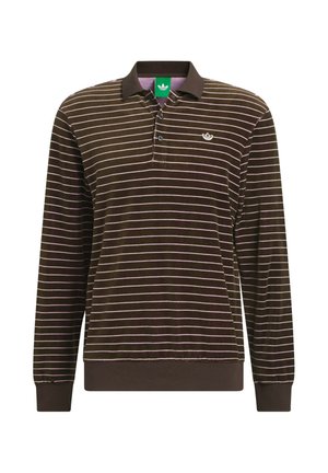 Brown long-sleeve polo shirt with vertical pink stripes, a folded collar, three buttons, and a green logo on the chest. Soft texture.