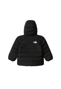 Czarna ocieplana kurtka z kapturem, z pikowanym wzorem i elastycznymi mankietami. Logo marki umieszczone na górnej części pleców.