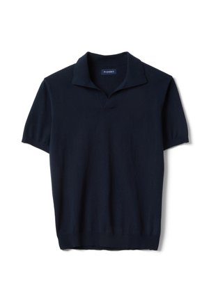 Polo bleu marine à manches courtes avec une texture tricotée et un col ouvert, étiqueté "PIOMBO" à l'intérieur de l'encolure.