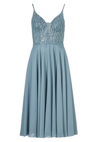 Ein ärmelloses, hellblaues Kleid mit einem besetzten Oberteil und tiefem V-Ausschnitt sowie einem luftigen, plissierten Rock.