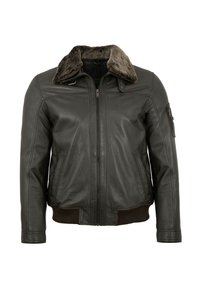 Schwarze Lederjacke mit einem Kunstfellkragen, Reißverschluss, seitlichen Taschen und Rippbündchen an Saum und Ärmeln für zusätzliche Textur und Details.