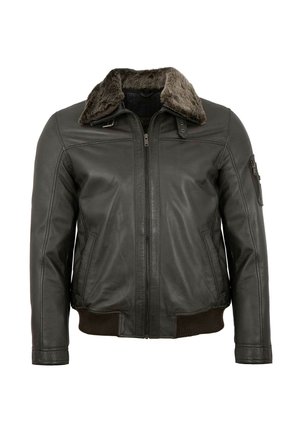 Schwarze Lederjacke mit einem Kunstfellkragen, Reißverschluss, seitlichen Taschen und Rippbündchen an Saum und Ärmeln für zusätzliche Textur und Details.