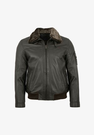 Schwarze Lederjacke mit einem Kunstfellkragen, Reißverschluss, seitlichen Taschen und Rippbündchen an Saum und Ärmeln für zusätzliche Textur und Details.