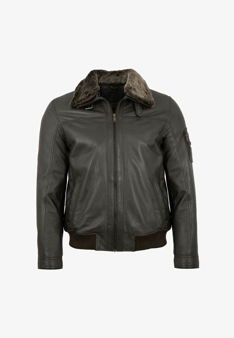 Black leather jacket featuring a faux fur collar, zip closure, side pockets, and ribbed hem and cuffs for added texture and detail.