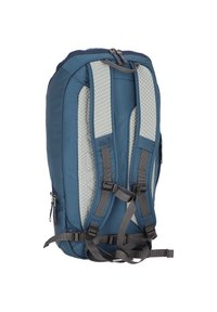 Zaino blu con spallacci imbottiti grigi, caratterizzato da una superficie testurizzata, doppie cerniere e fibbie regolabili. Include tasche laterali.