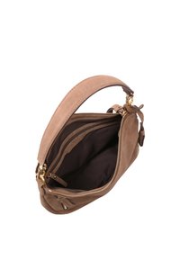 Brown suede handbag with a zip closure, round handle, and inner pockets. Interior features a dark fabric lining for added contrast.
