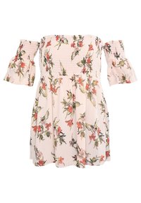 Blusa floreale a spalle scoperte realizzata in tessuto leggero. Presenta un corpetto arricciato, maniche svasate e uno sfondo rosa pastello con fiori multicolori.
