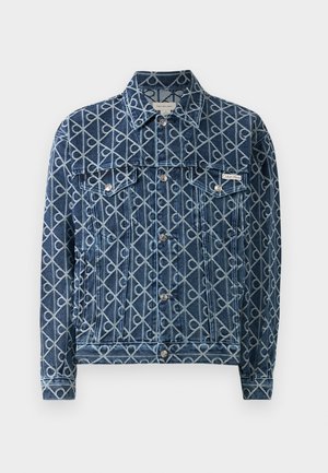 Jeansjacke mit einem blau-weißen geometrischen Muster, Knopfschluss, zwei Vordertaschen und einem spitzen Kragen.