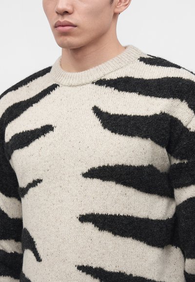 Jeune homme portant un pull en maille beige avec de grandes rayures noires irrégulières ressemblant à un motif zèbre sur fond blanc.