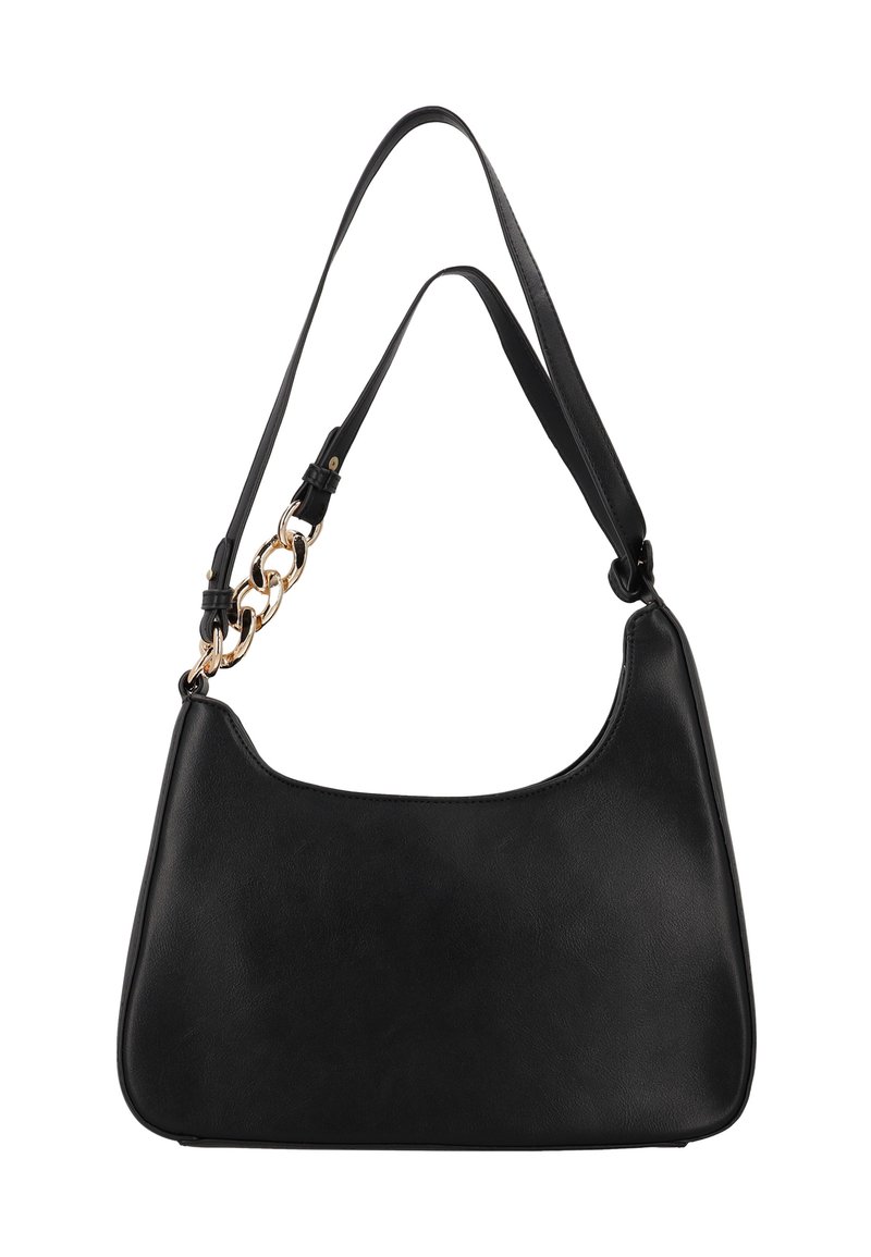 Schwarze Schultertasche aus Kunstleder mit geschwungener Form, glatter Oberfläche und einem goldenen Kettendetail am verstellbaren Riemen.
