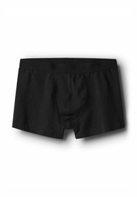 Caleçons boxers en coton noir avec un design ajusté, une taille élastique et une poche à l'avant. Texture lisse et coupe mi-longue.