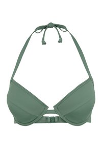 Green bikini top with a halter neck tie, padded cups, and a central clasp. Smooth texture and minimalistic design, no patterns or accents.