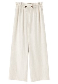 Pantalons larges en lin beige clair avec une taille élastique et un cordon de serrage. Présente des accents noués et une finition lisse et texturée.